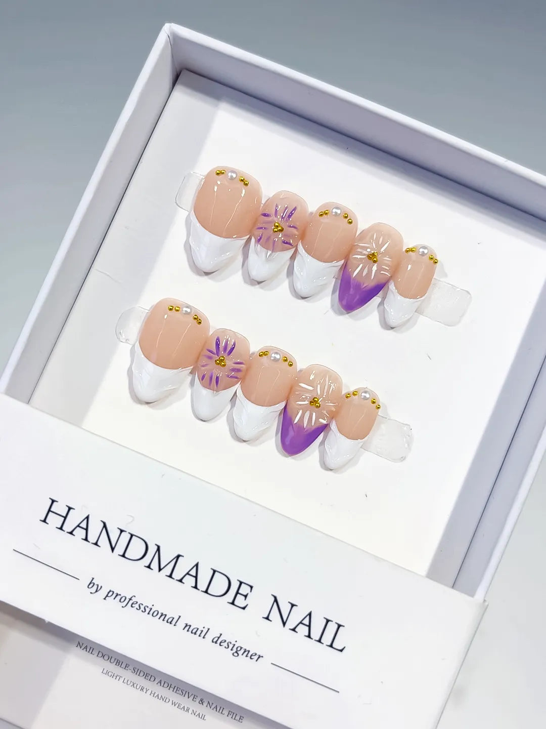 Nude White Purple French tip Flower press on nails