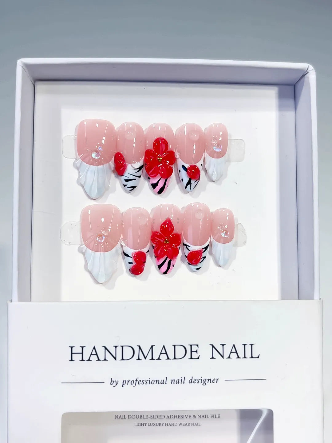 Nude White Red French tip Flower Heart press on nails full set view