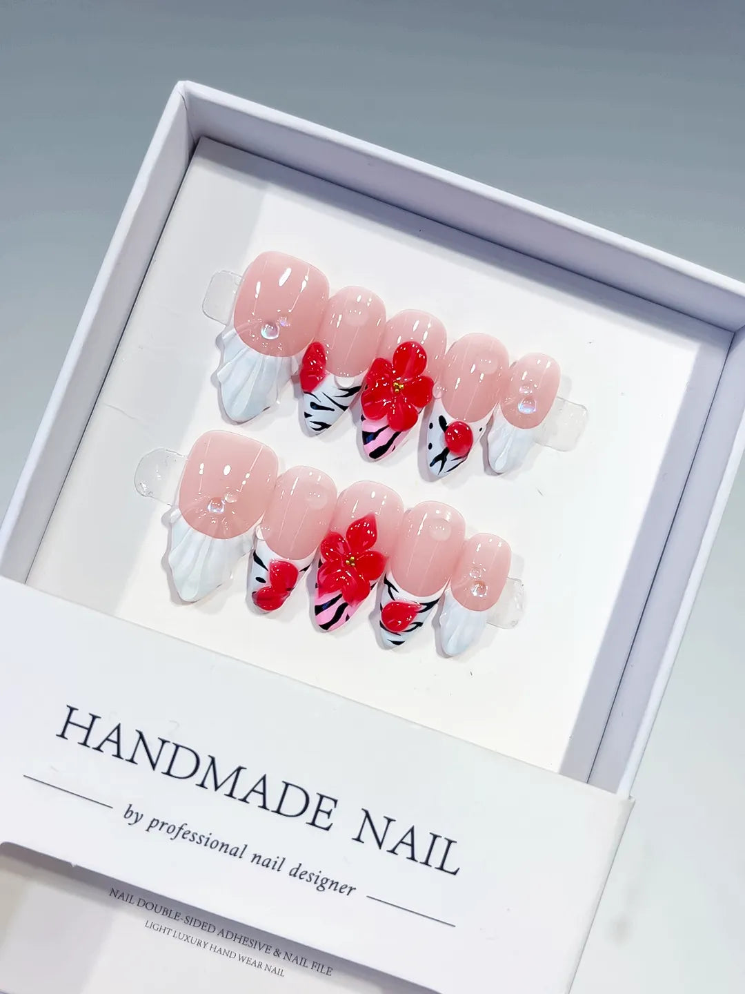 Nude White Red French tip Flower Heart press on nails