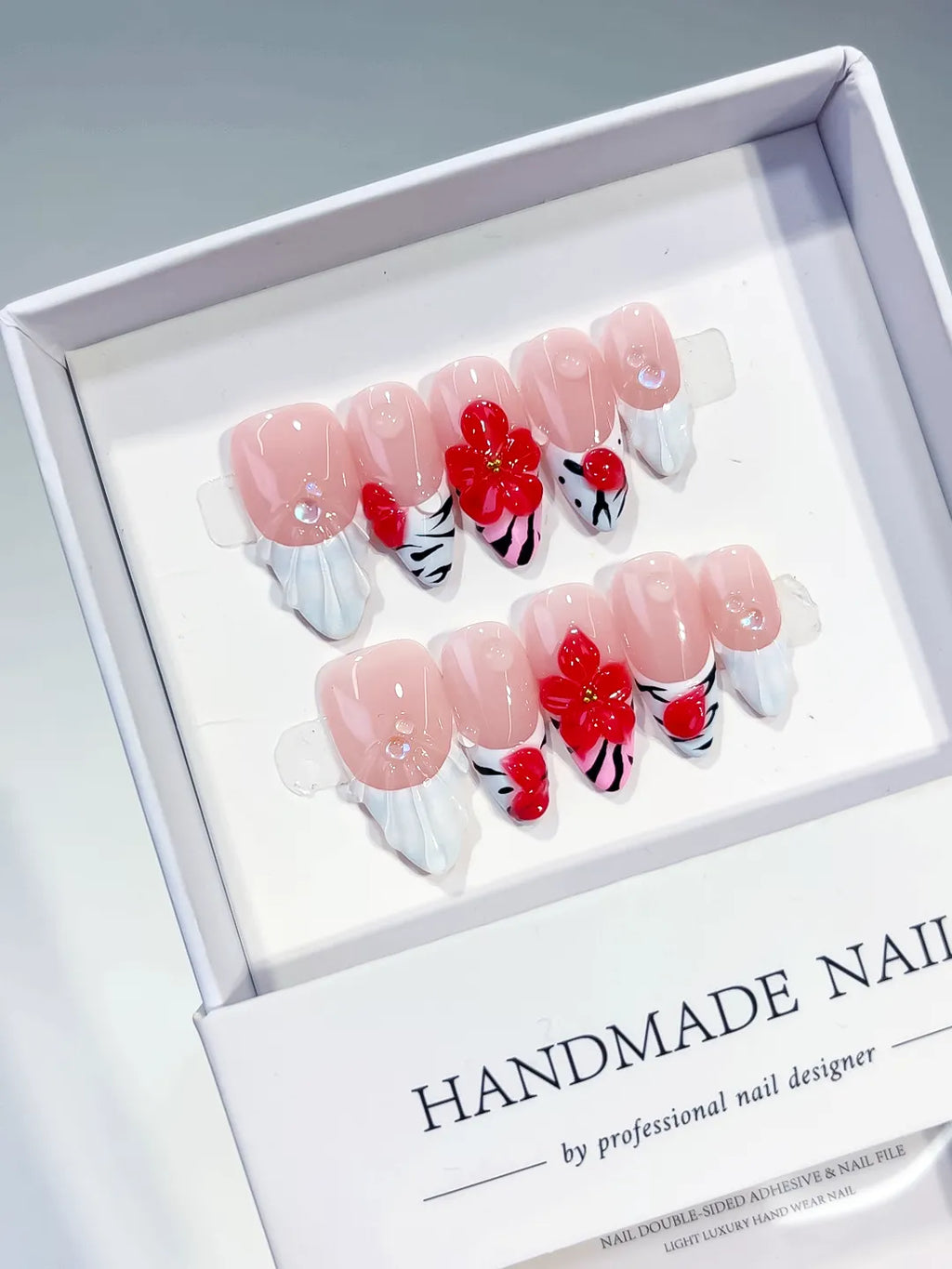 Nude White Red French tip Flower Heart press on nails angled view