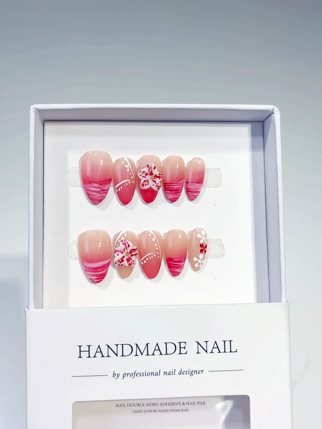 Nude Pink Red French tip Flower press on nails full set view