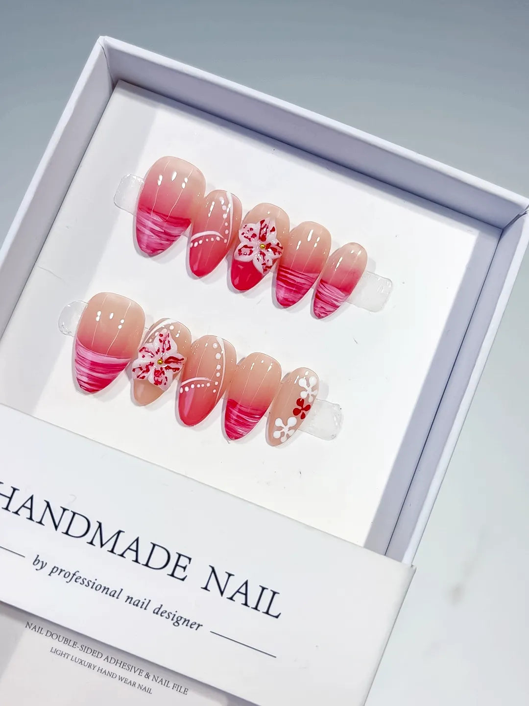 Nude Pink Red French tip Flower press on nails