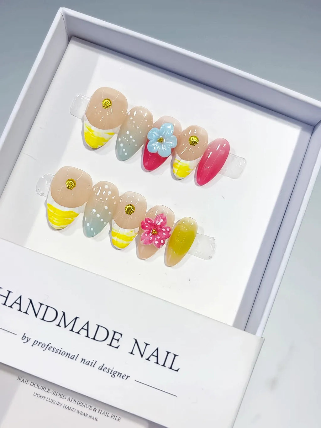 Nude Yellow Pink Green Abstract Flower Shell press on nails