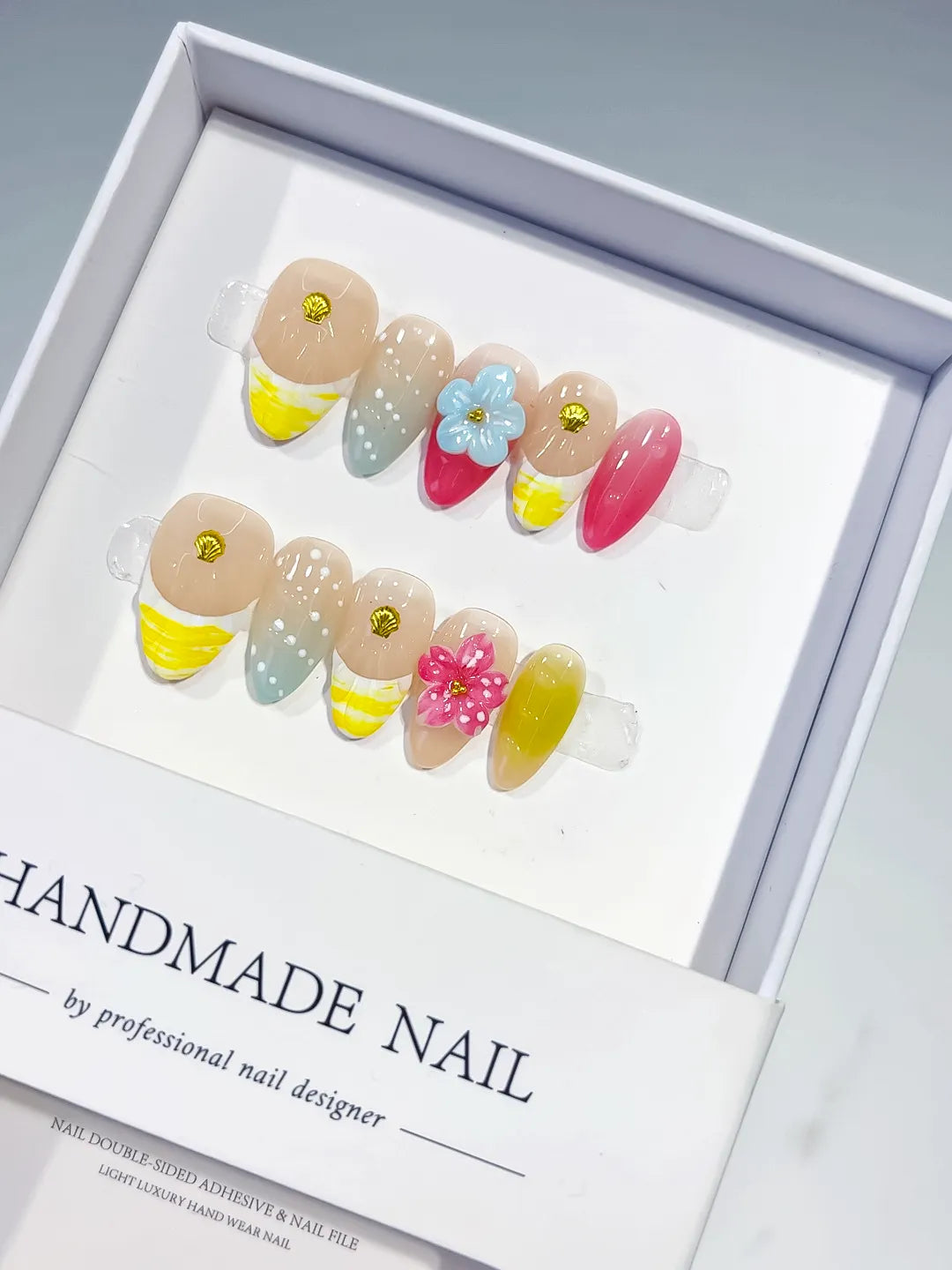 Nude Yellow Pink Green Abstract Flower Shell press on nails