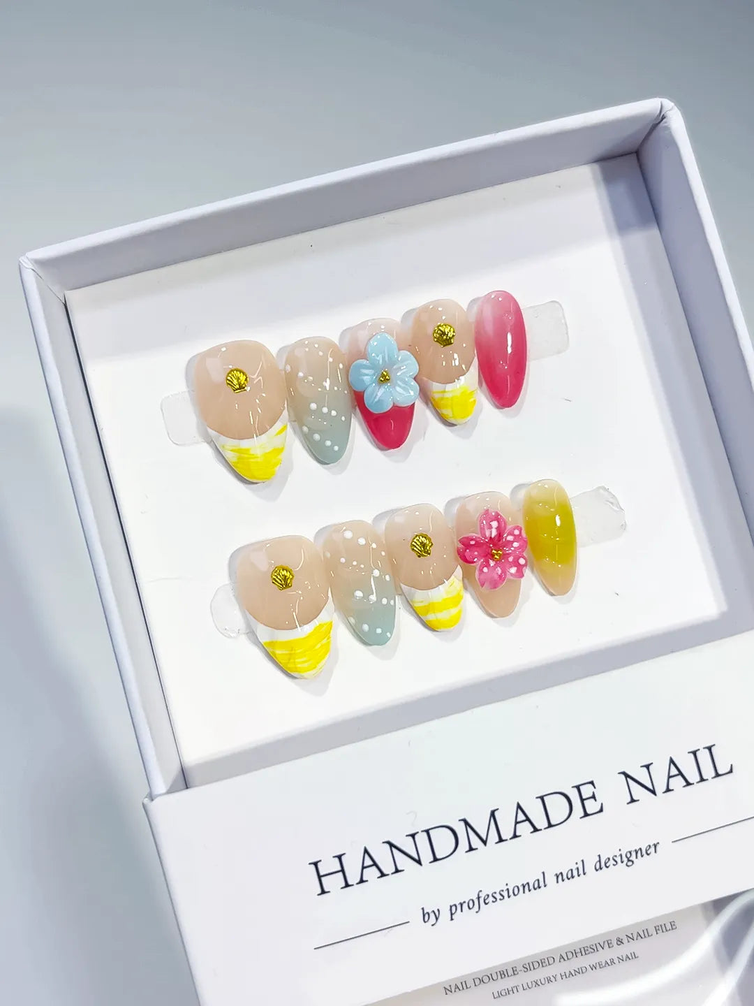 Nude Yellow Pink Green Abstract Flower Shell press on nails full set view