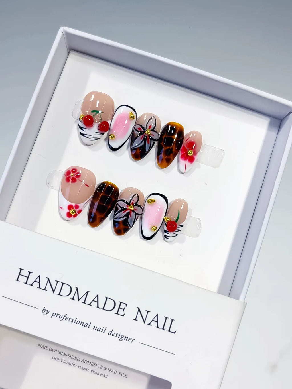 Nude White Brown Pink Red Abstract Cherry Flower Animal Print press on nails