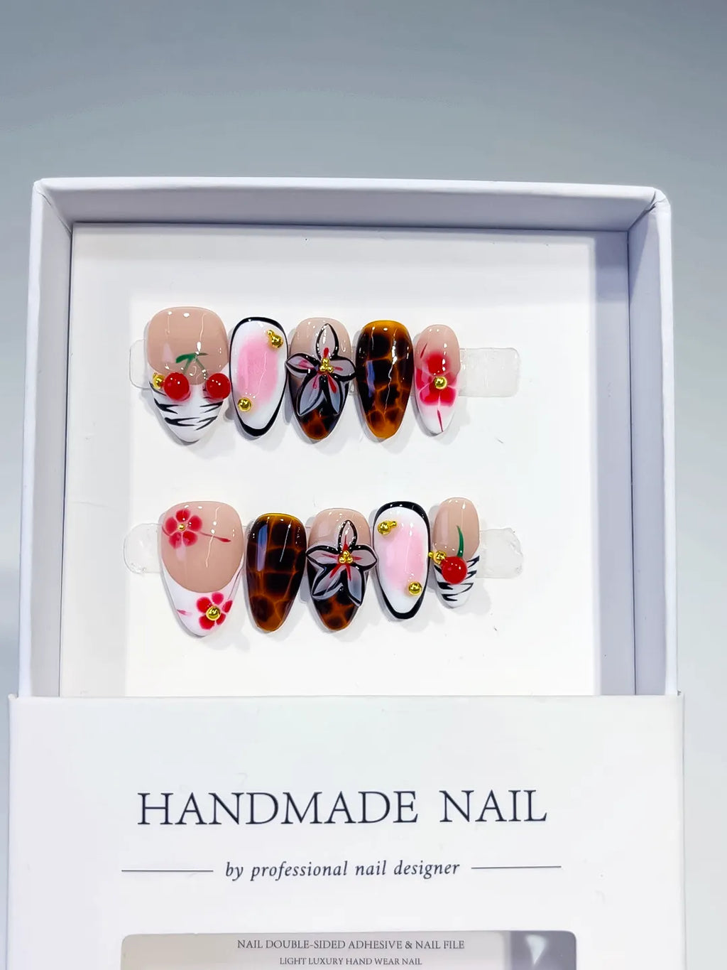 Nude White Brown Pink Red Abstract Cherry Flower Animal Print press on nails angled view