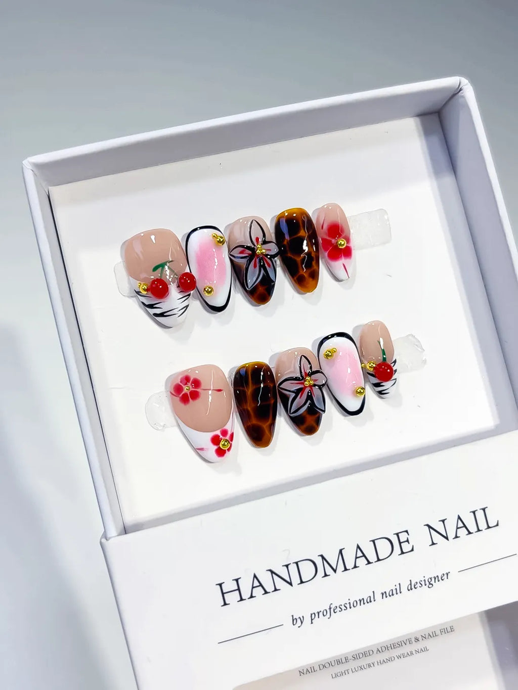 Nude White Brown Pink Red Abstract Cherry Flower Animal Print press on nails full set view