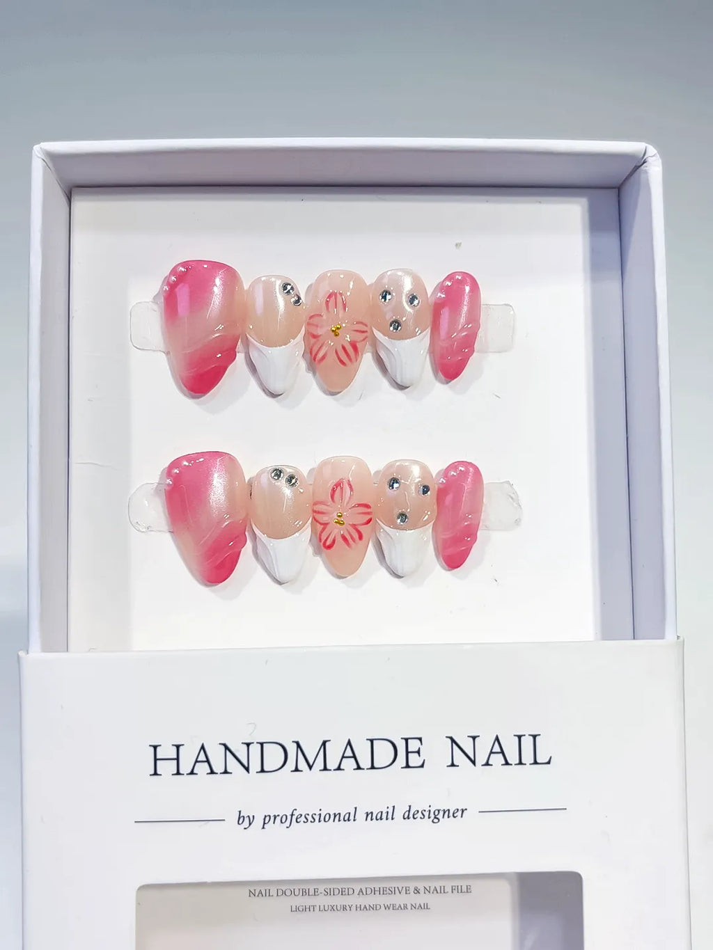 Pink White Nude Ombre Flower Rhinestone press on nails full set view