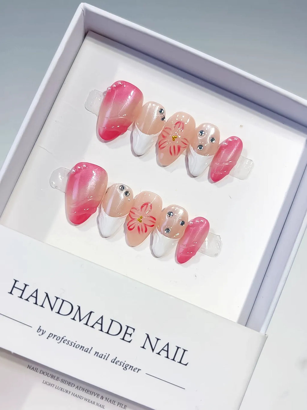 Pink White Nude Ombre Flower Rhinestone press on nails