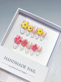 Nude White Pink Yellow French tip Flower press on nails