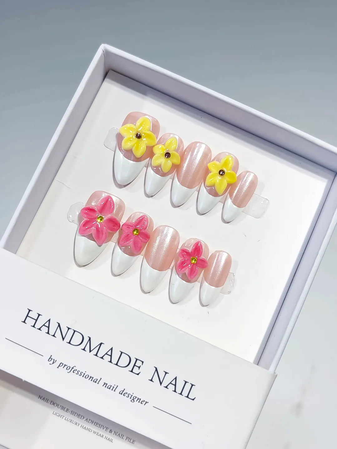 Nude White Pink Yellow French tip Flower press on nails