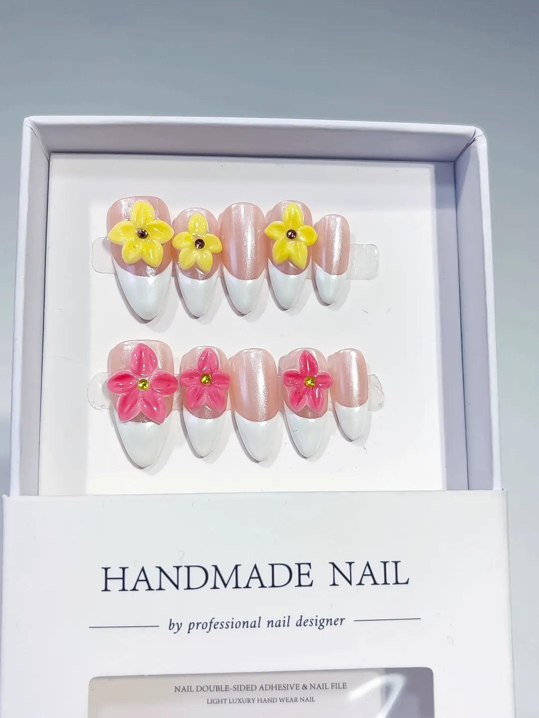 Nude White Pink Yellow French tip Flower press on nails full set view