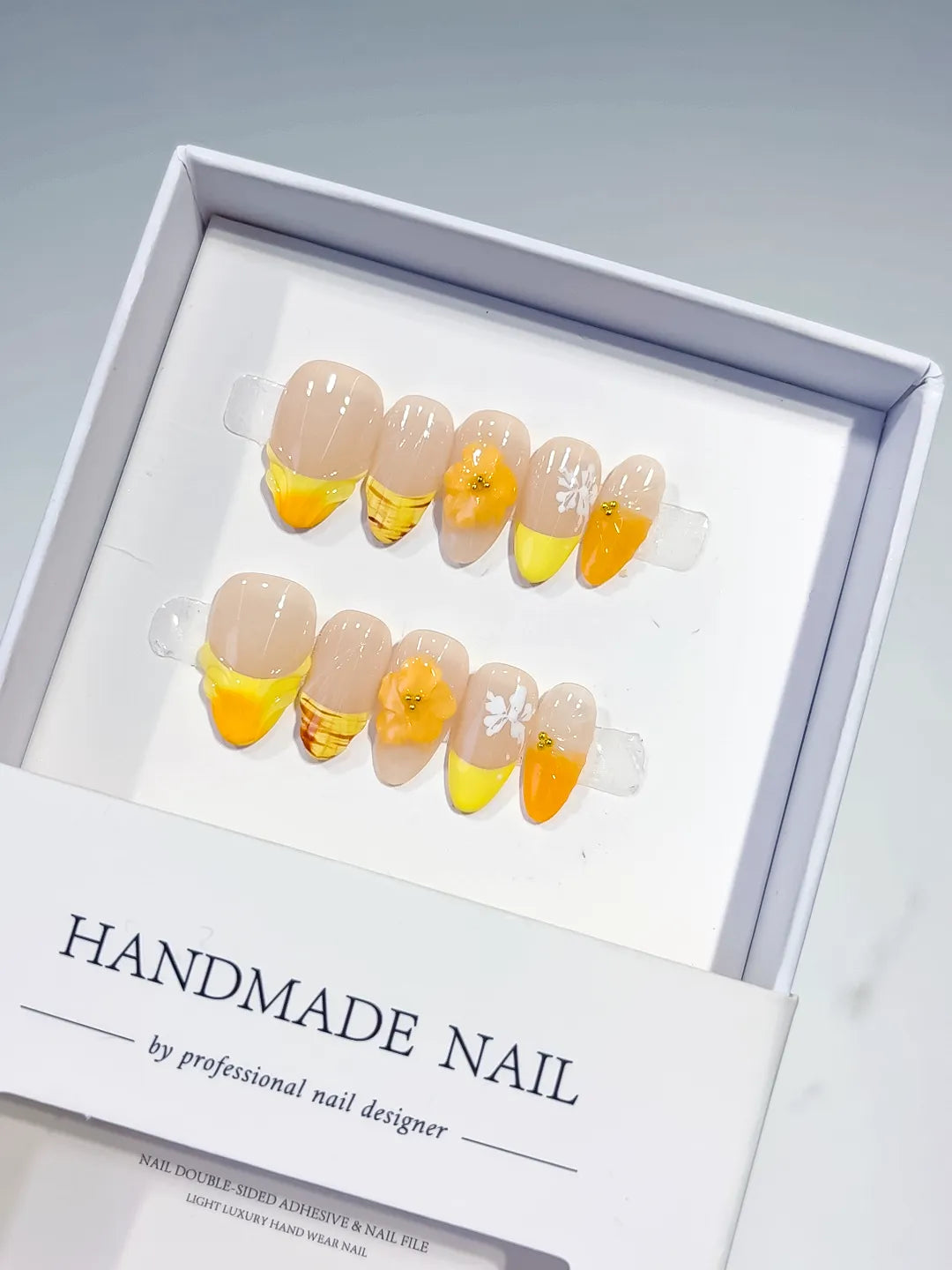 Nude Yellow Orange White French tip Flower Fruit press on nails