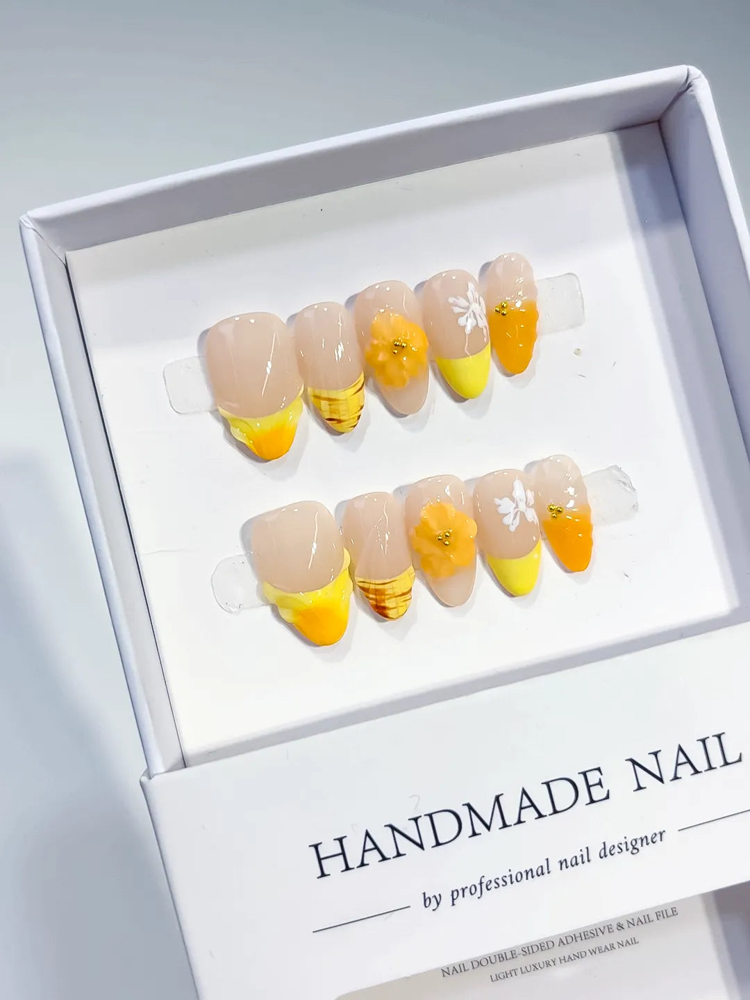 Nude Yellow Orange White French tip Flower Fruit press on nails full set view
