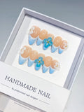 Nude Blue White French tip Flower Bow press on nails