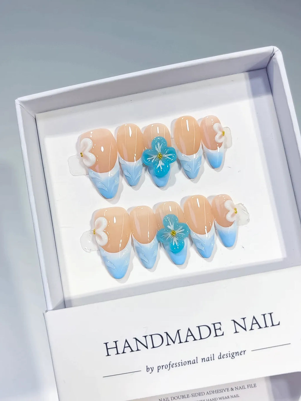 Nude Blue White French tip Flower Bow press on nails full set view