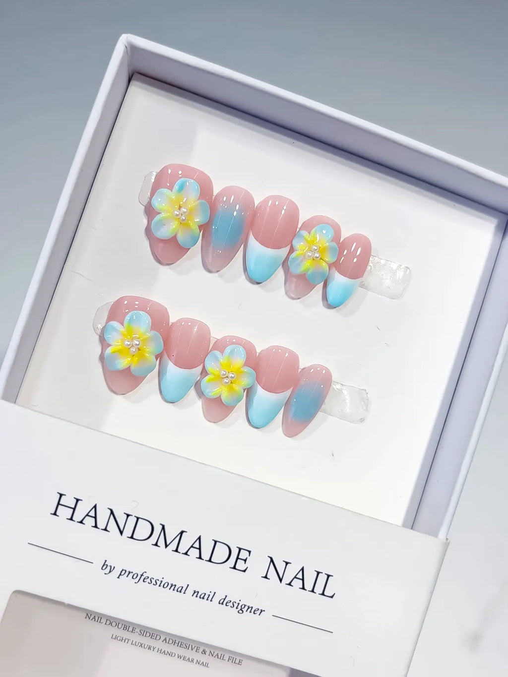 Pink Blue Yellow Ombre Flower press on nails