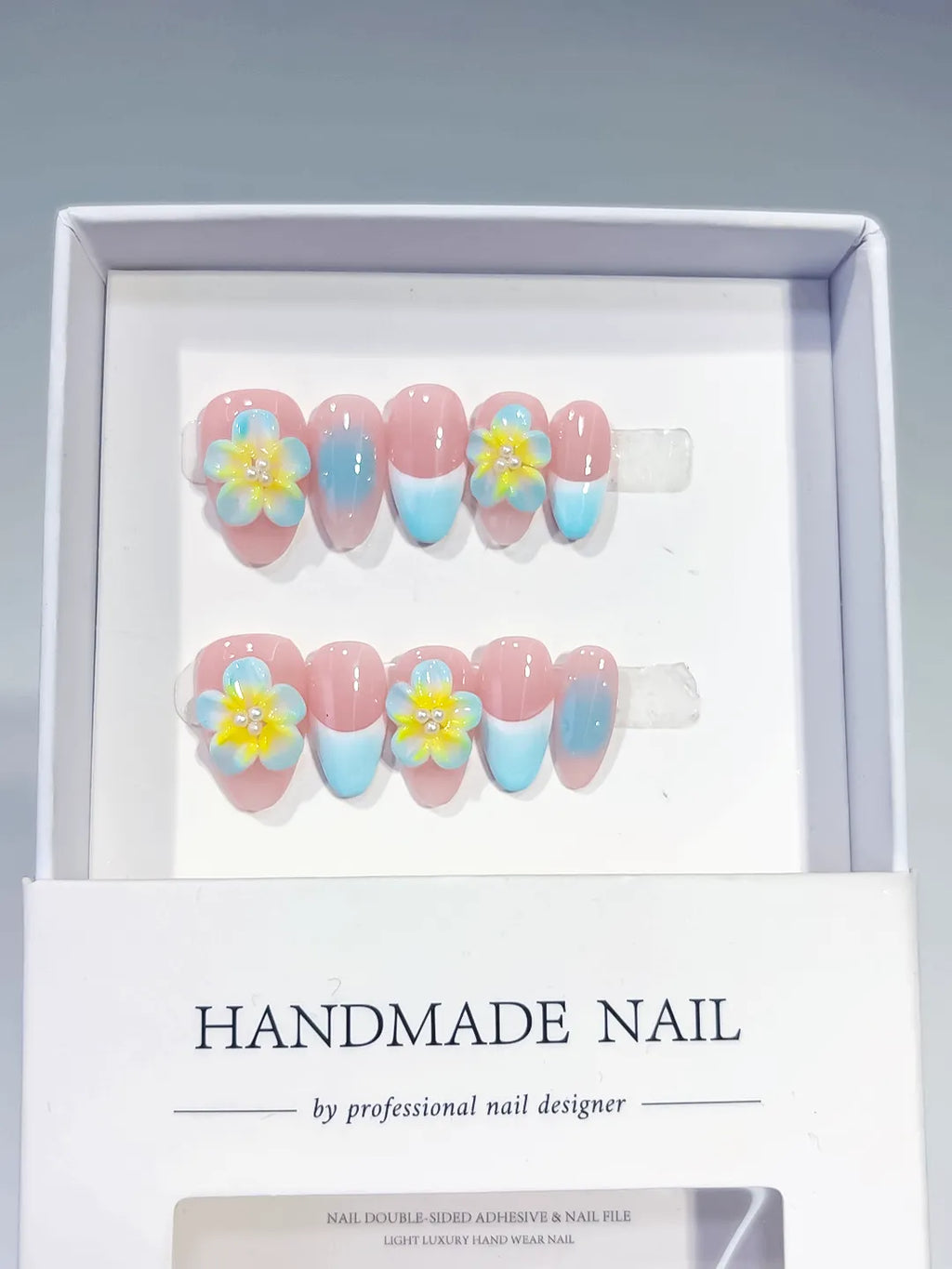 Pink Blue Yellow Ombre Flower press on nails full set view