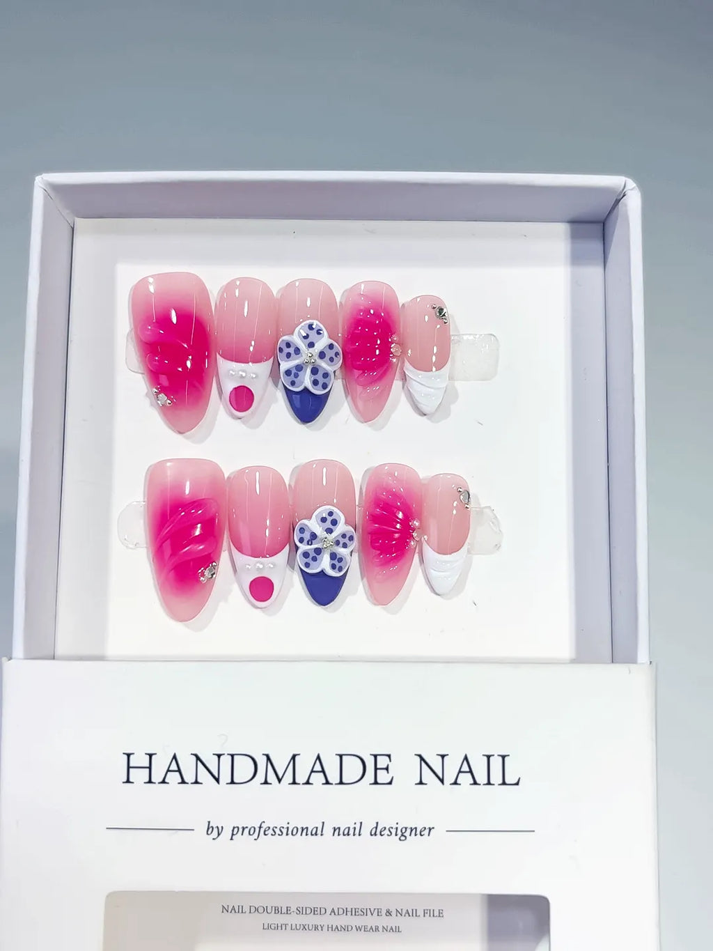Pink Nude White Blue Ombre Flower Rhinestone press on nails angled view