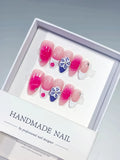 Pink Nude White Blue Ombre Flower Rhinestone press on nails