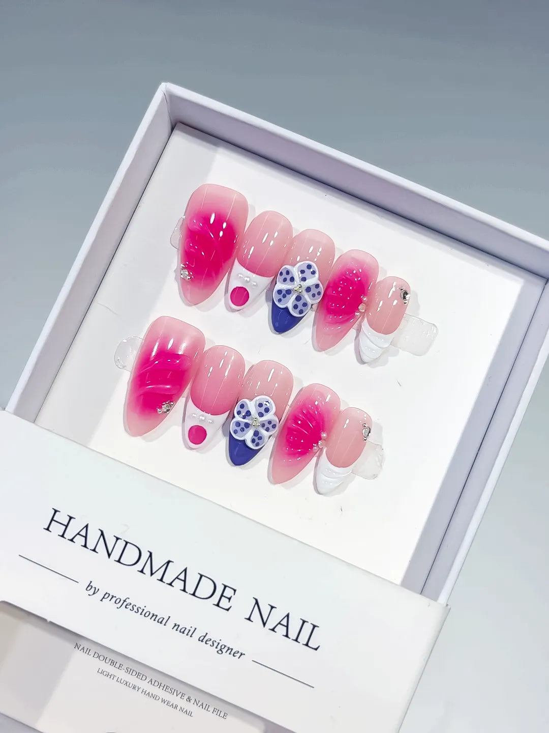 Pink Nude White Blue Ombre Flower Rhinestone press on nails