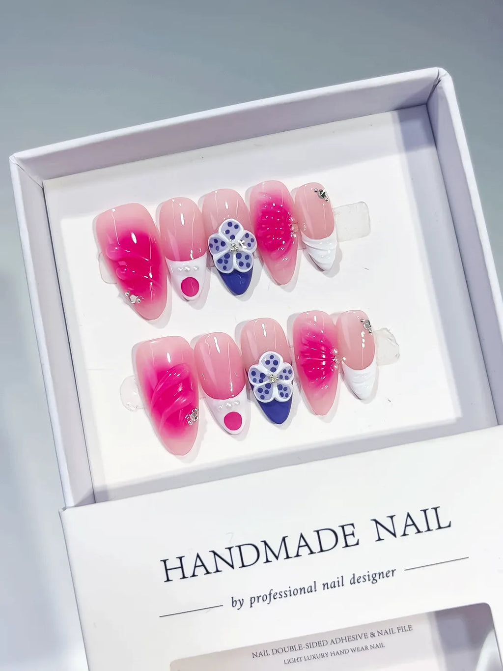 Pink Nude White Blue Ombre Flower Rhinestone press on nails full set view