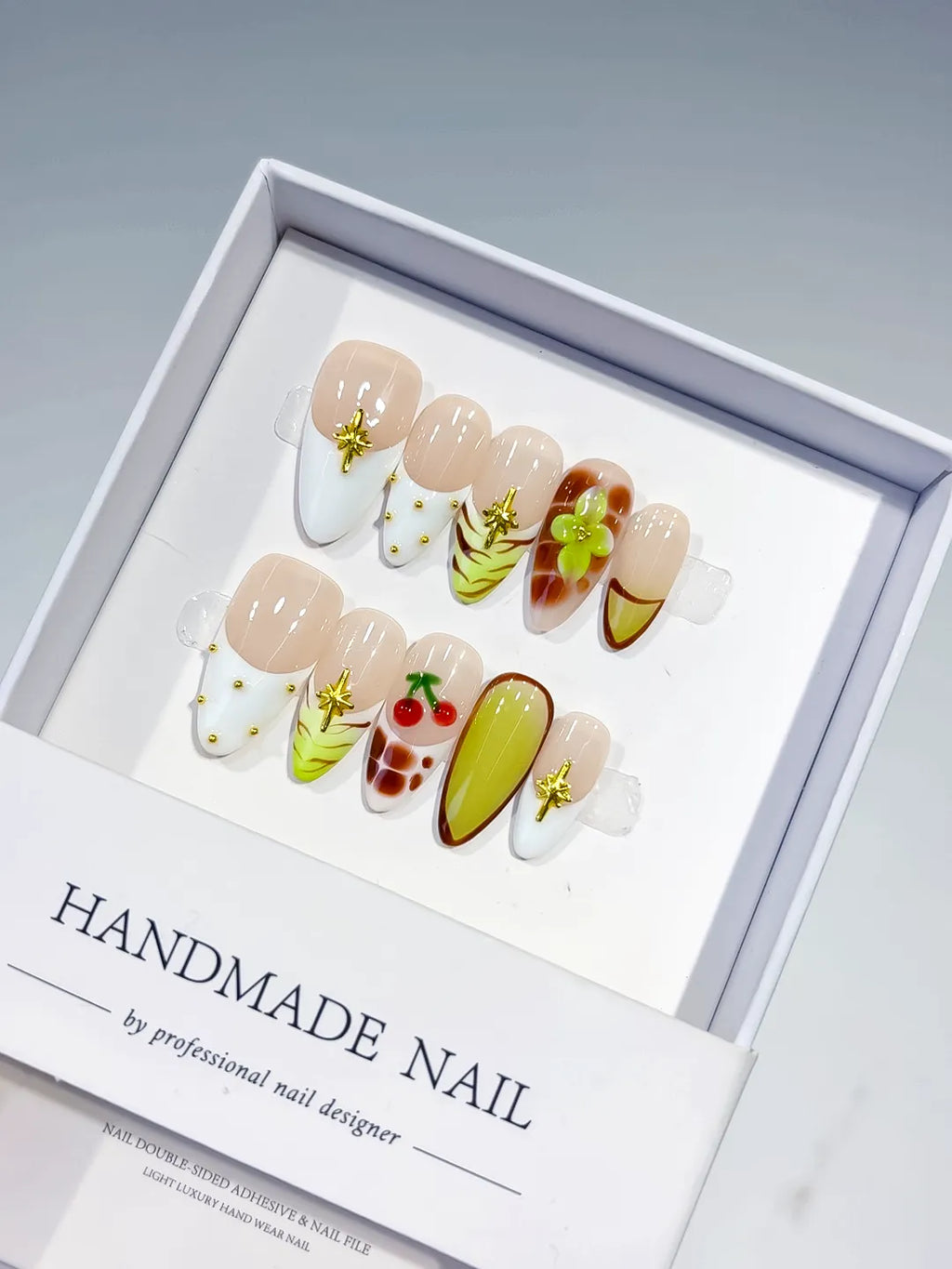 Nude White Green Yellow Brown Red Abstract Cherry Flower Star press on nails