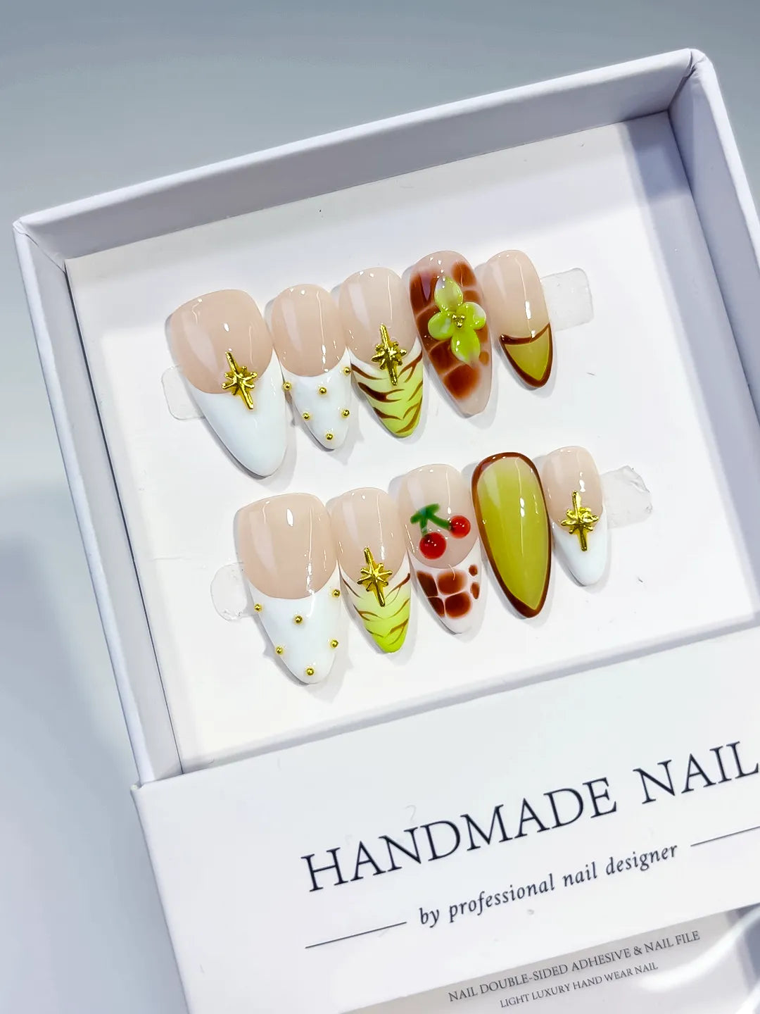 Nude White Green Yellow Brown Red Abstract Cherry Flower Star press on nails angled view