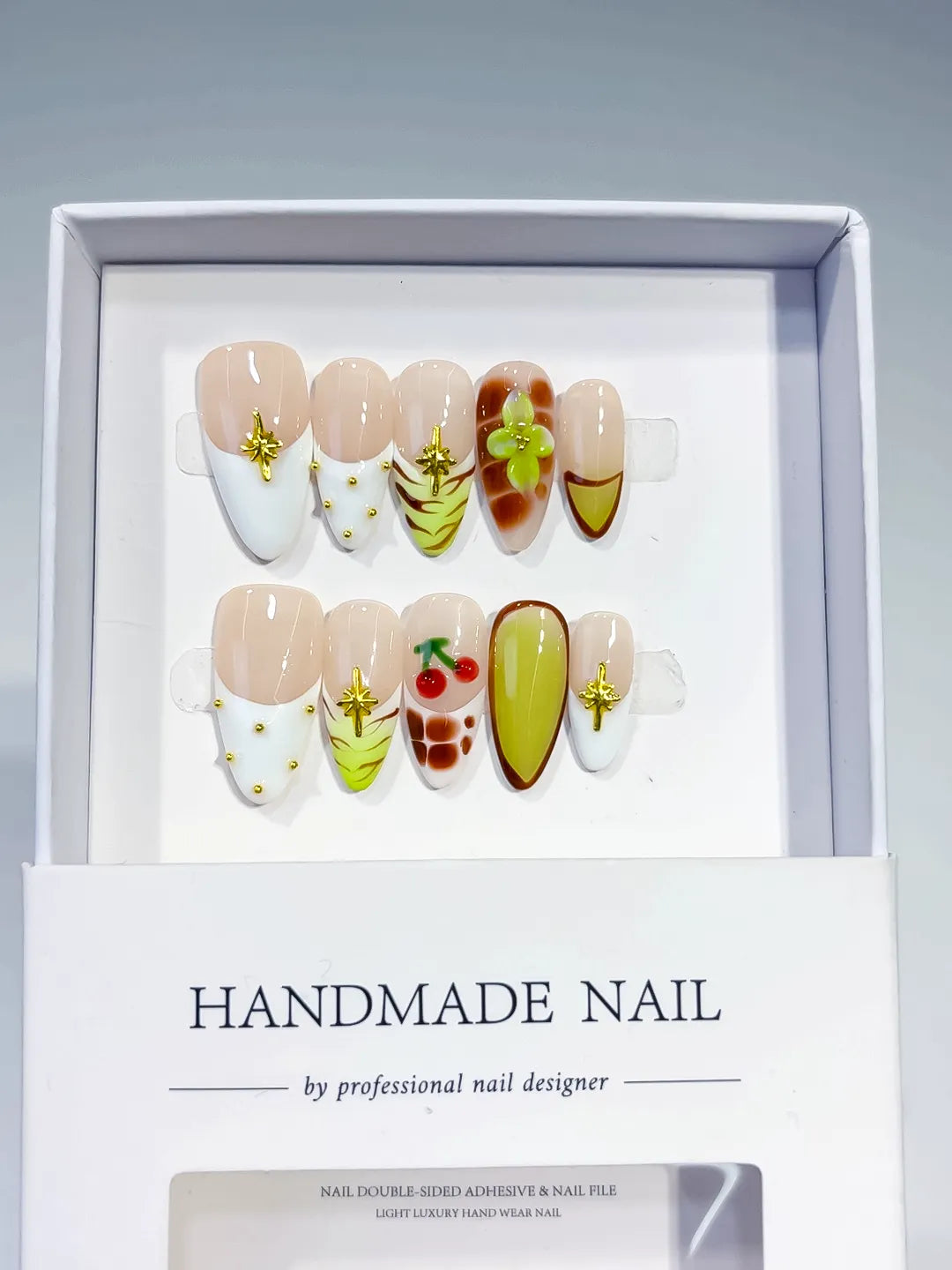Nude White Green Yellow Brown Red Abstract Cherry Flower Star press on nails full set view
