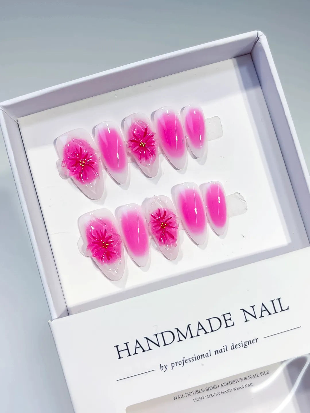 Pink White Ombre Flower press on nails full set view