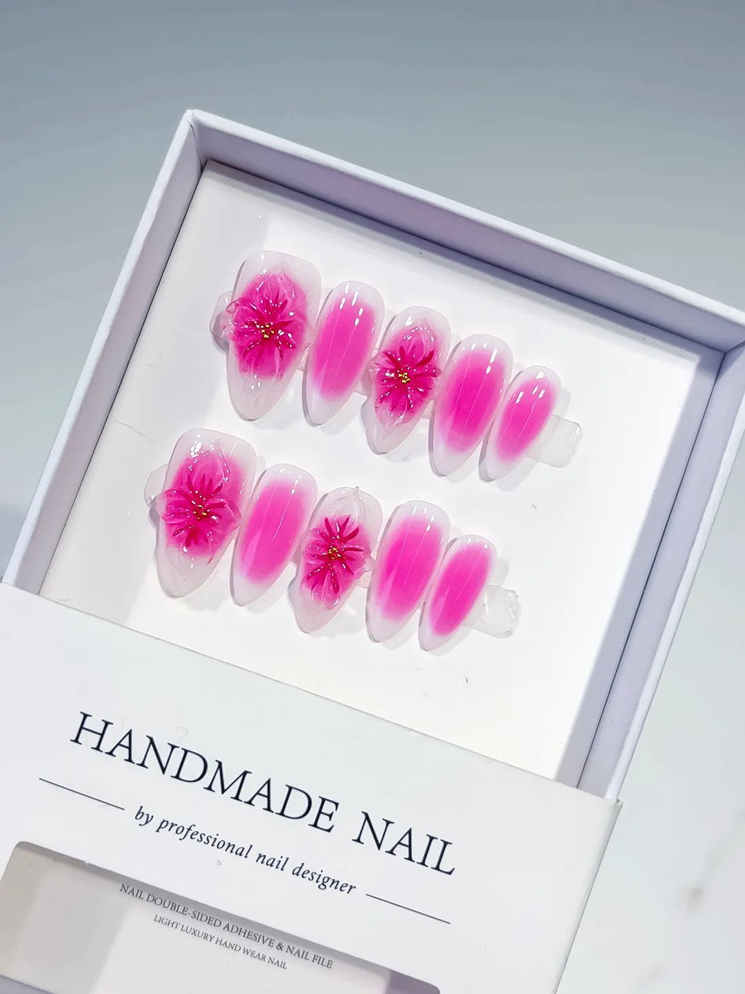 Pink White Ombre Flower press on nails