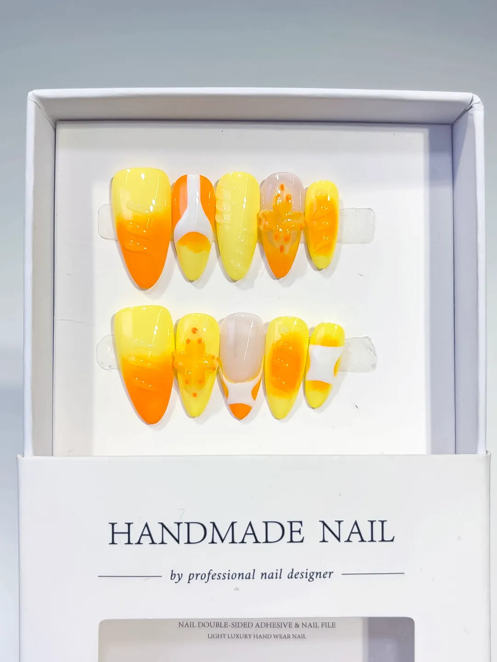 Yellow Orange White Nude Ombre Flower Fruit press on nails full set view