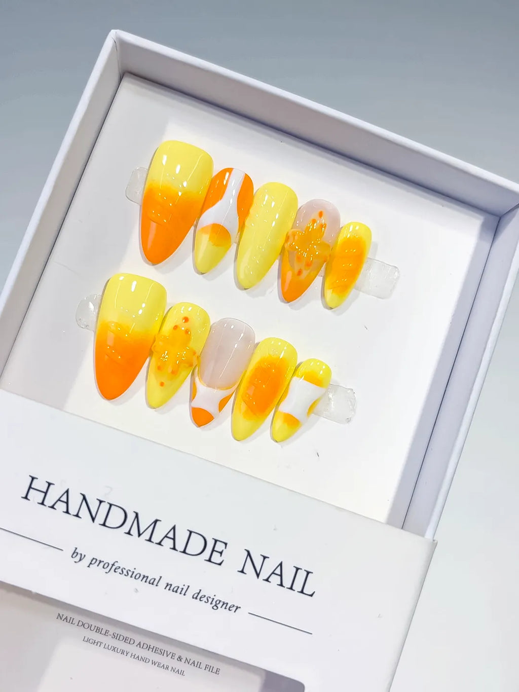 Yellow Orange White Nude Ombre Flower Fruit press on nails