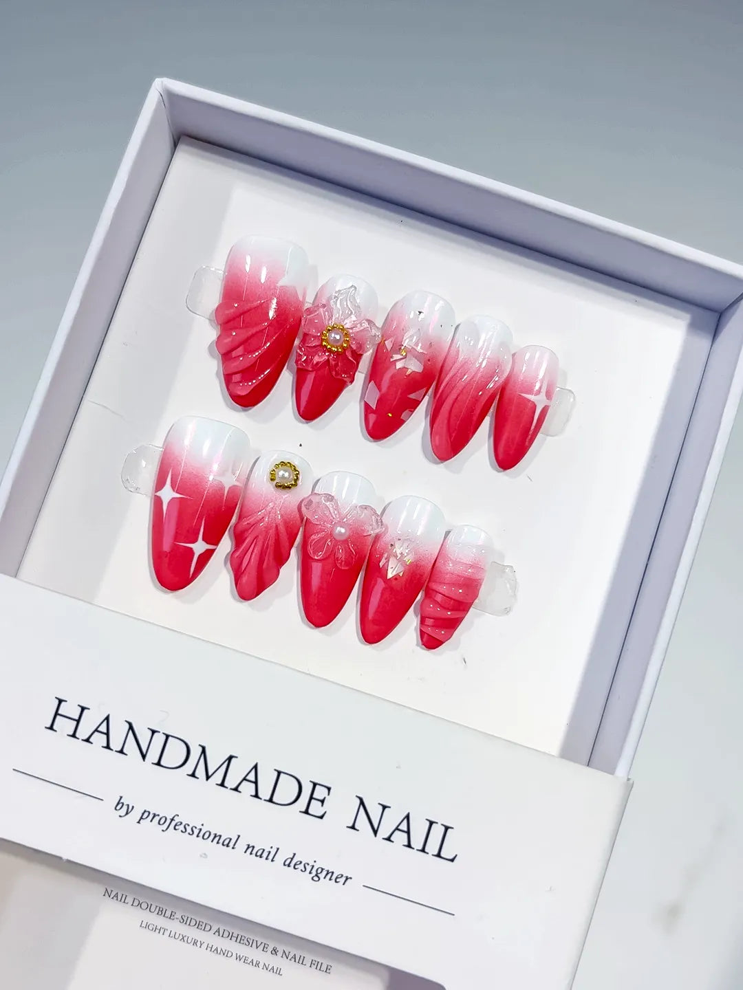 Red White Pink Ombre Flower Bow Star press on nails