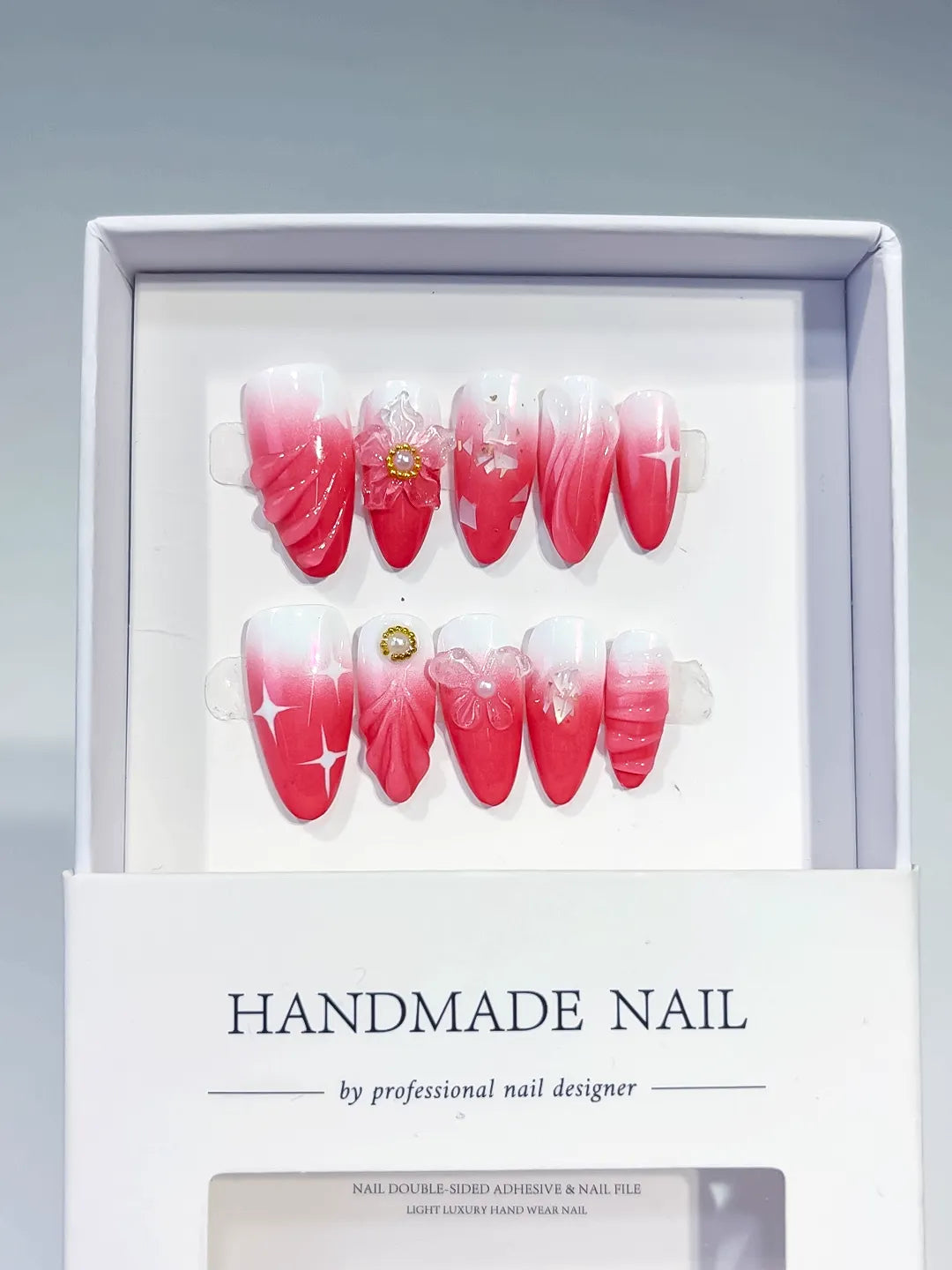 Red White Pink Ombre Flower Bow Star press on nails full set view
