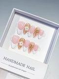 Pink White Gold French tip Flower Bow Metallic Charm press on nails