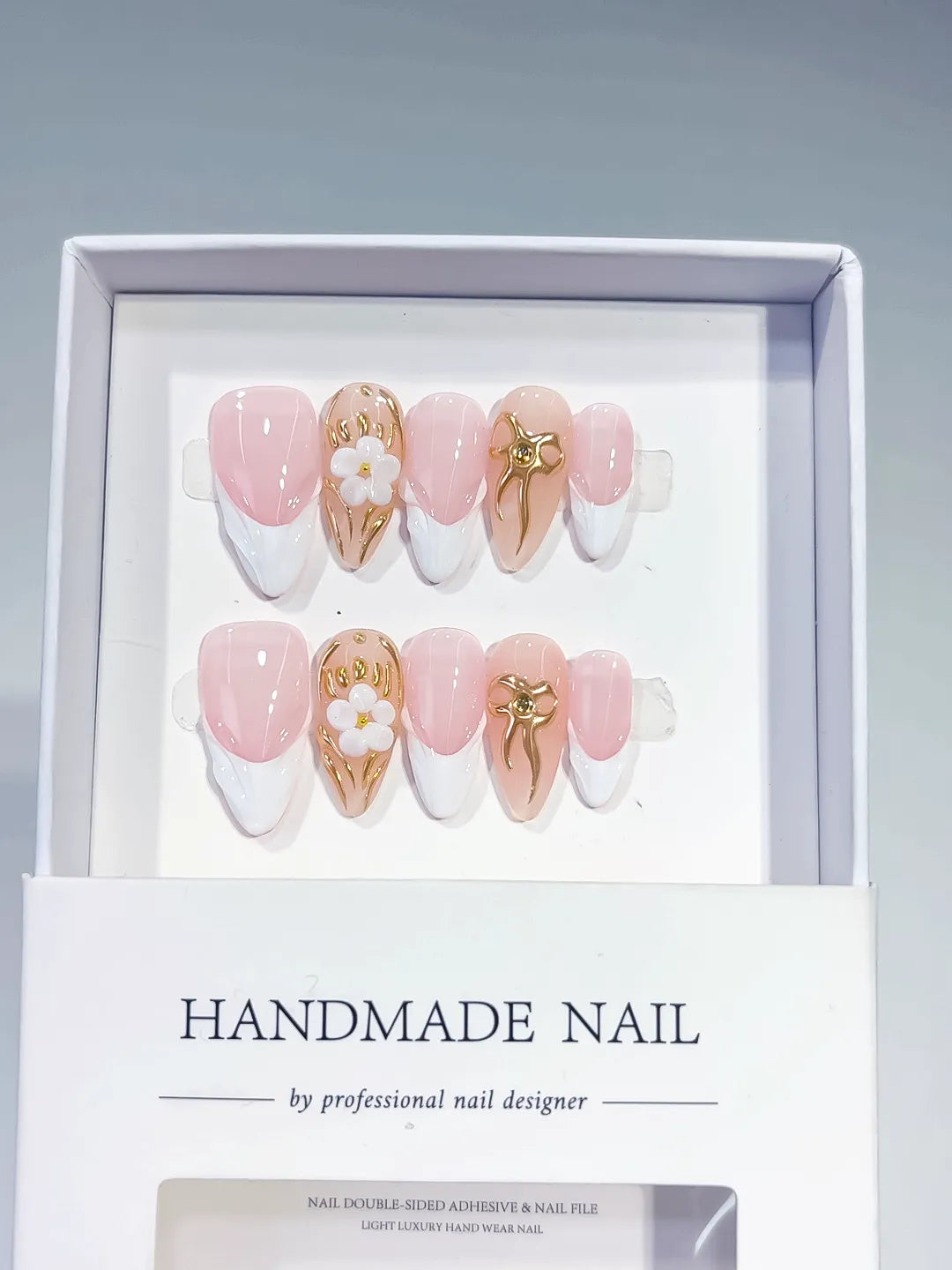 Pink White Gold French tip Flower Bow Metallic Charm press on nails full set view