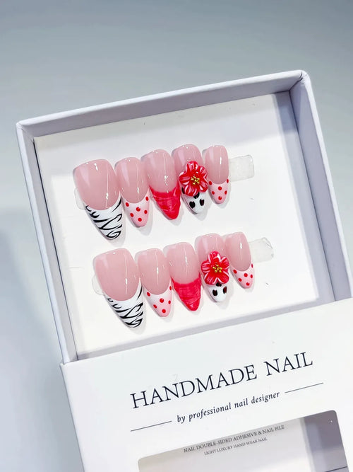 Pink White Red Black Abstract Flower Dot Pattern Animal Print press on nails full set view