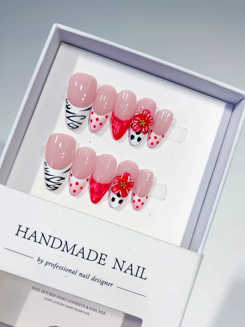 Pink White Red Black Abstract Flower Dot Pattern Animal Print press on nails