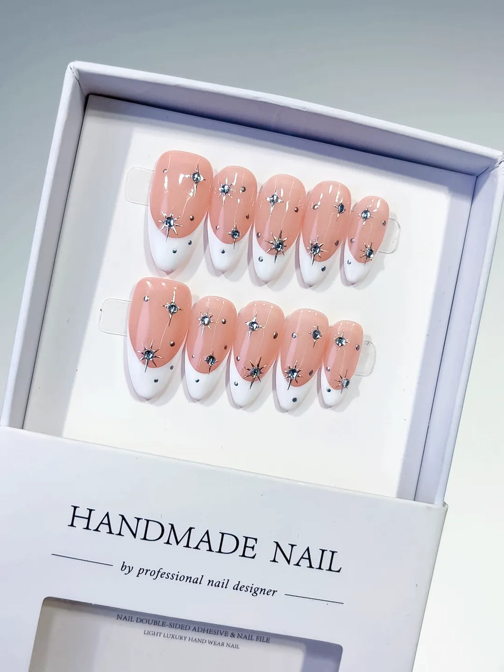 Nude White Silver French tip Star Rhinestone press on nails
