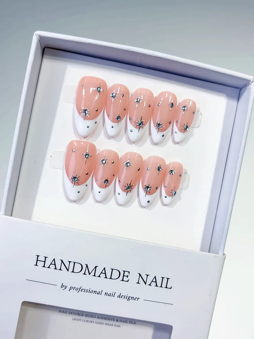Nude White Silver French tip Star Rhinestone press on nails