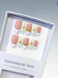 Nude White Gold French tip Star Gold Bead press on nails