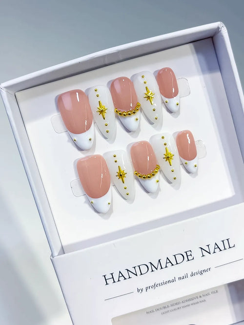 Nude White Gold French tip Star Gold Bead press on nails full set view