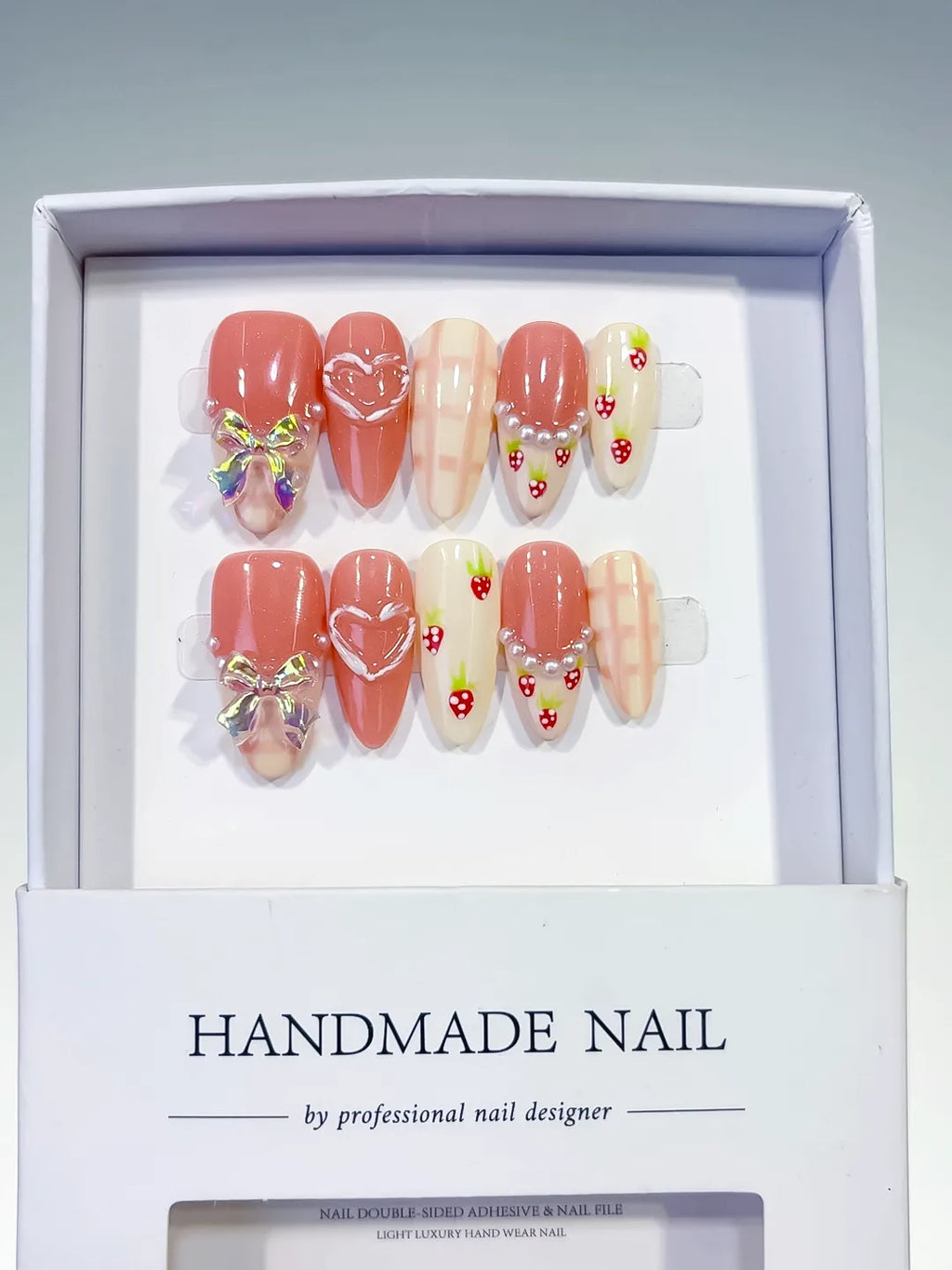 Pink White French tip Heart Bow Strawberry Grid Pattern press on nails full set view
