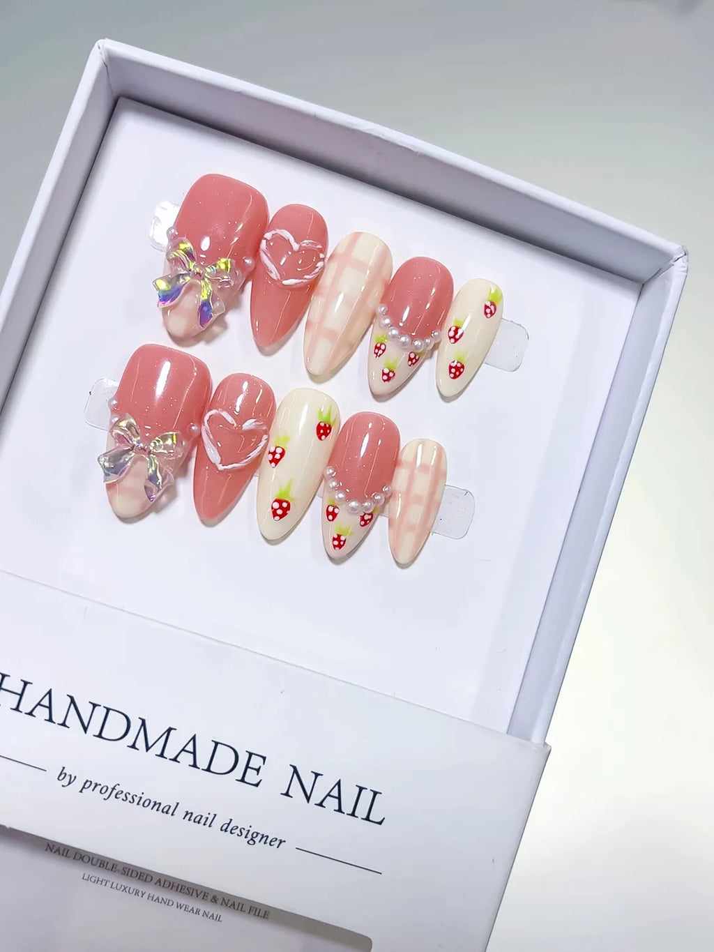 Pink White French tip Heart Bow Strawberry Grid Pattern press on nails