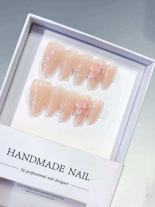 Nude White Pink Solid color Flower Rhinestone press on nails
