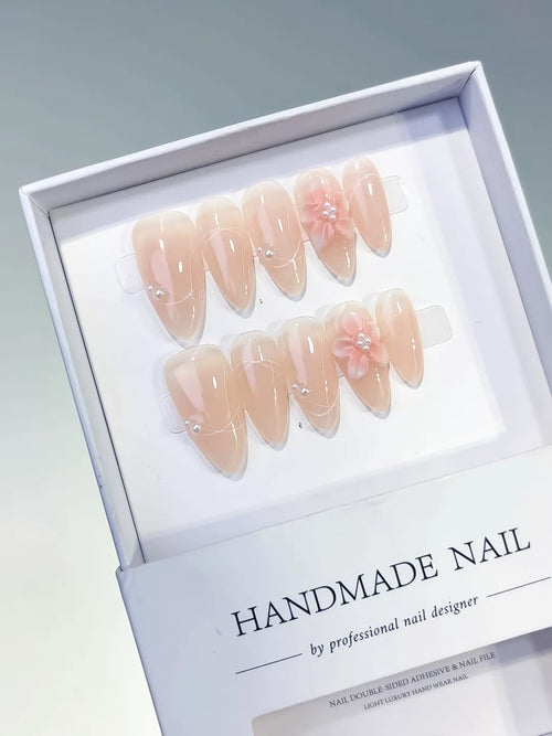 Nude White Pink Solid color Flower Rhinestone press on nails full set view
