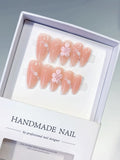 Nude Pink Solid color Flower Pearl Line press on nails