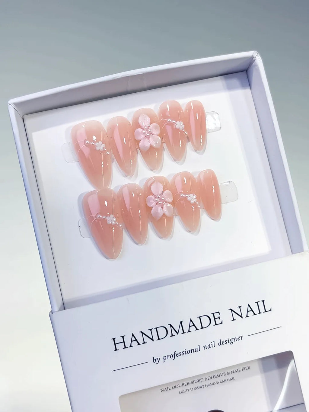 Nude Pink Solid color Flower Pearl Line press on nails full set view